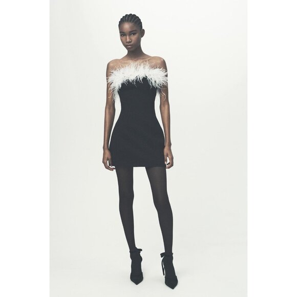 Zara Womens Mini Dress S Small Black Feather Party Cocktail Evening 4772/226 NWT - Picture 1 of 16